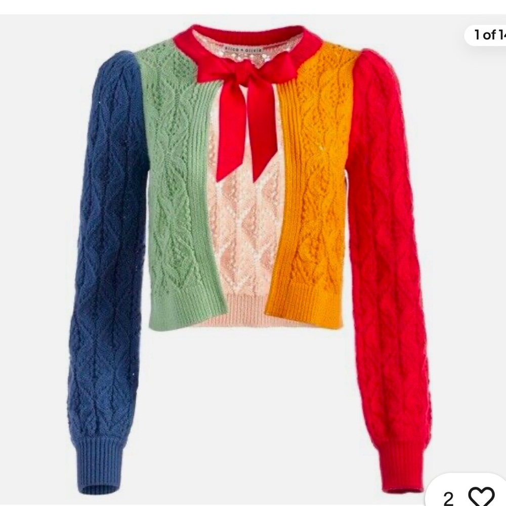 Alice + Olivia Kitty Puff Sleeve Cardigan ColorBlock Crochet Sweater Size S.